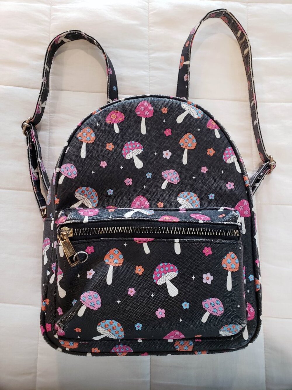 Black Mini Colorful Mushroom Backpack Similar to Loungefly